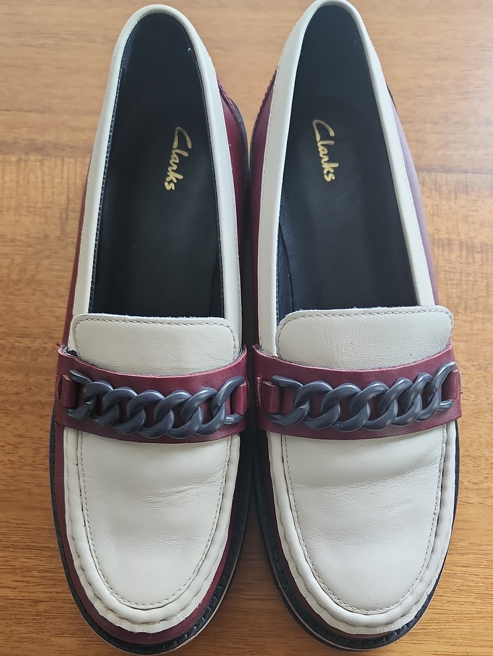 Clarks Two-Tone Chain Trim Loafers in Cream and Burgundy